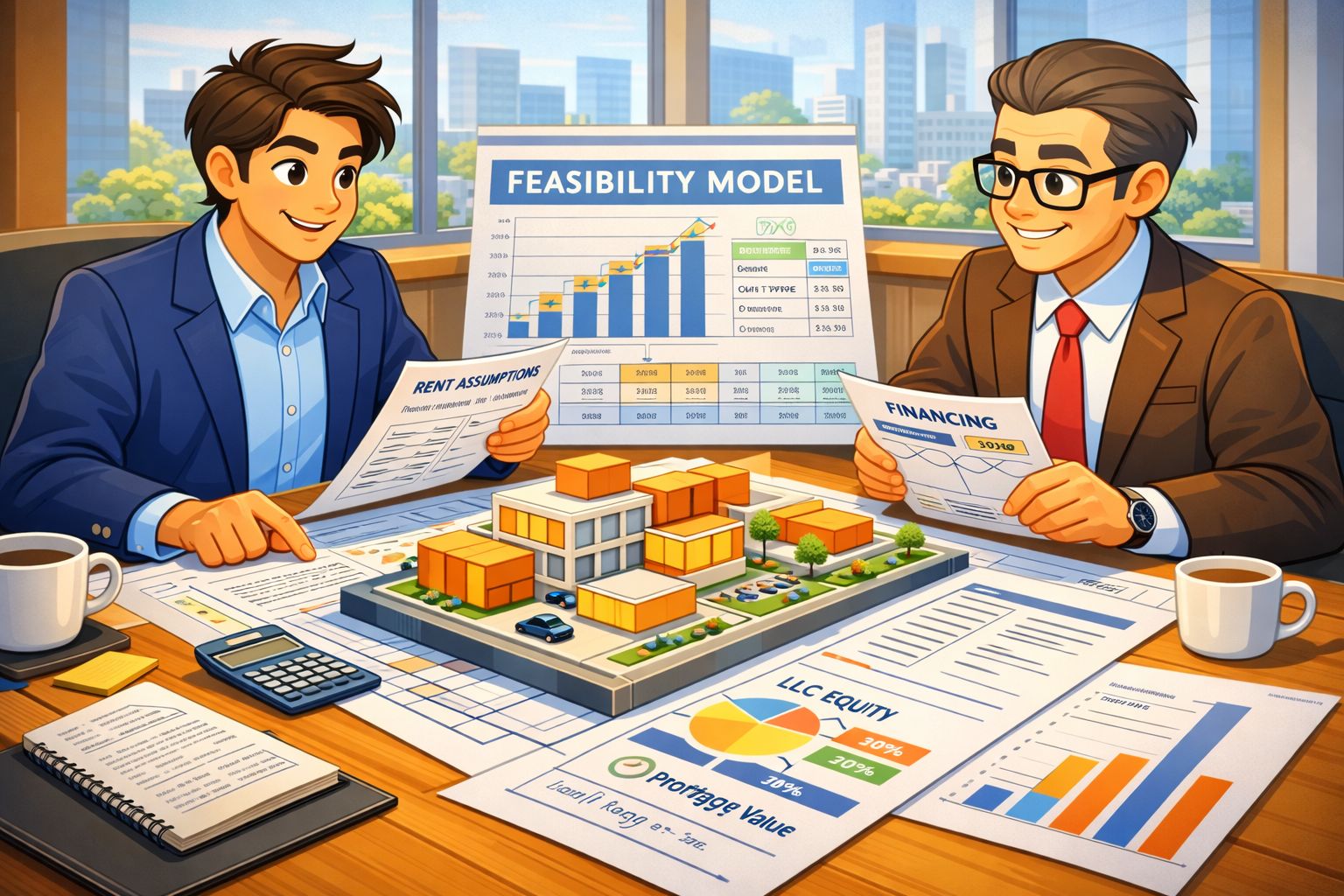 A Conference Room with a Developer and Lender Reviewing a Real Estate Feasibility Model