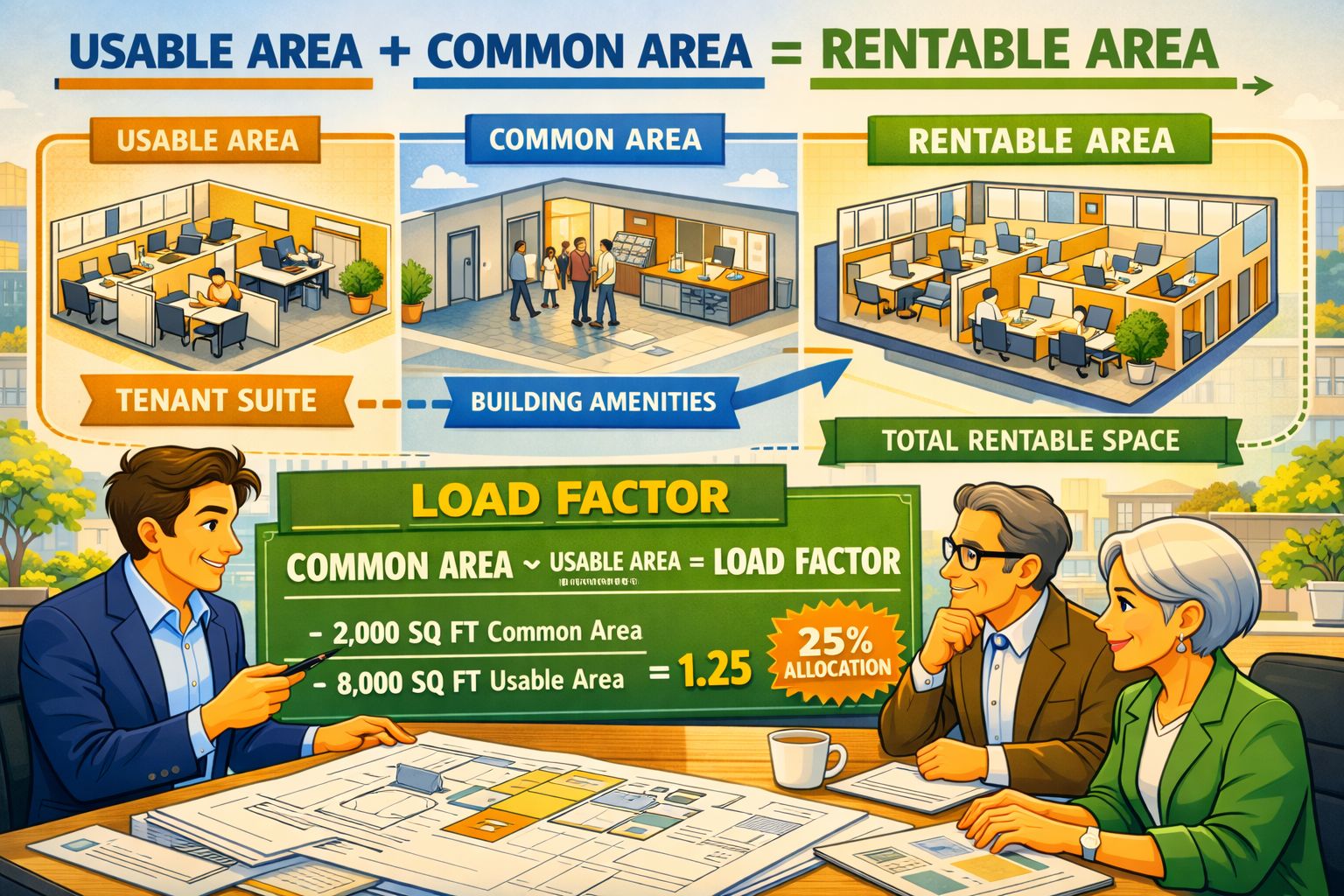 An illustration showing how usable area and common area combine to create rentable area, with a load factor calculation that allocates common space proportionally to khách thuês, making the rentable area larger than the usable area