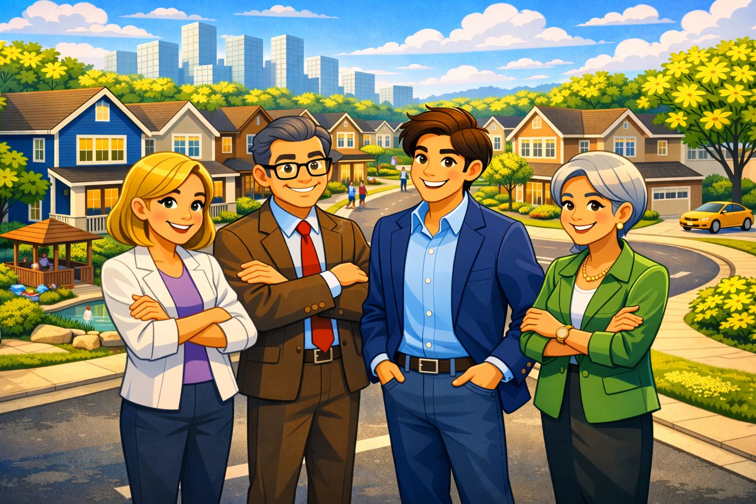 Residential neighborhood with sidewalks, parks, and families walking and playing, warm late-afternoon atmosphere, modern community-focused homebuilding scene