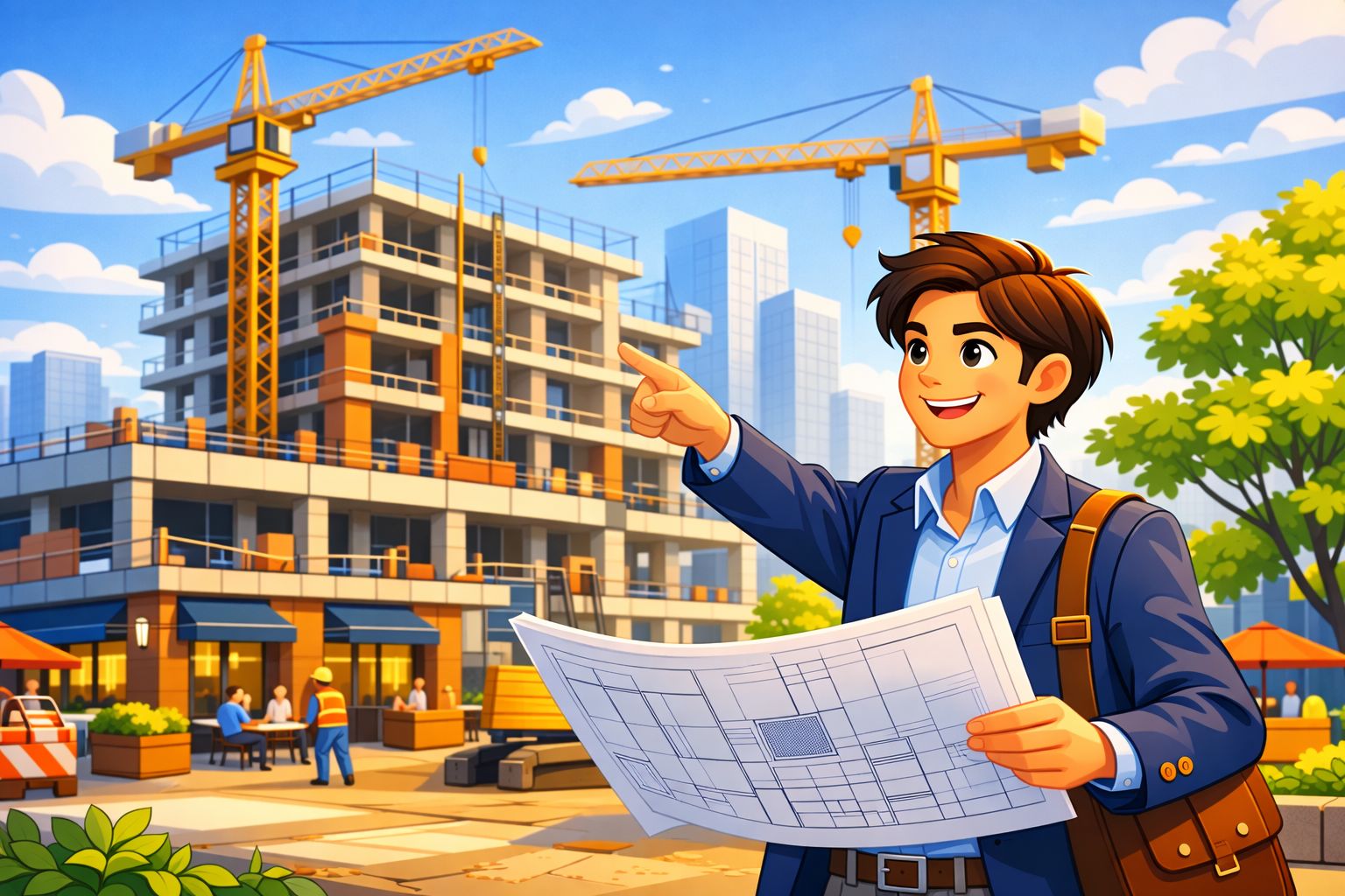 a real estate developer on-site pointing toward a construction project while holding plans, urban cranes and partially built towers in the background