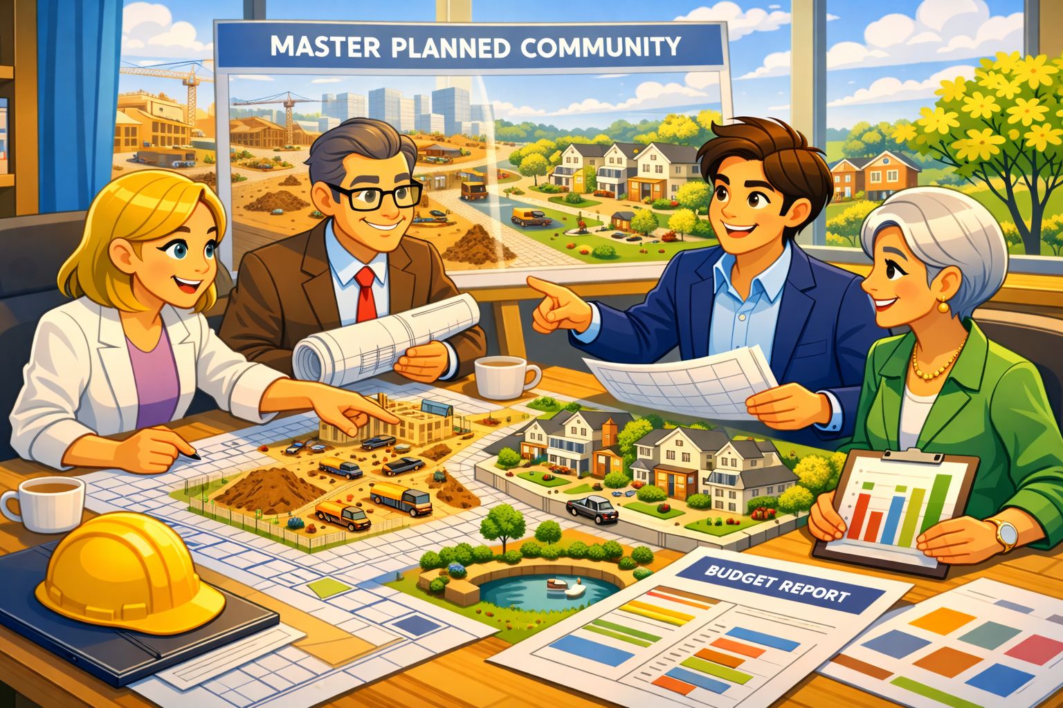 Residential master-planned community in transition from raw land to finished neighborhood, with site plans fading into built homes, parks, sidewalks, and families in the distance, warm modern architectural style, hopeful and grounded mood